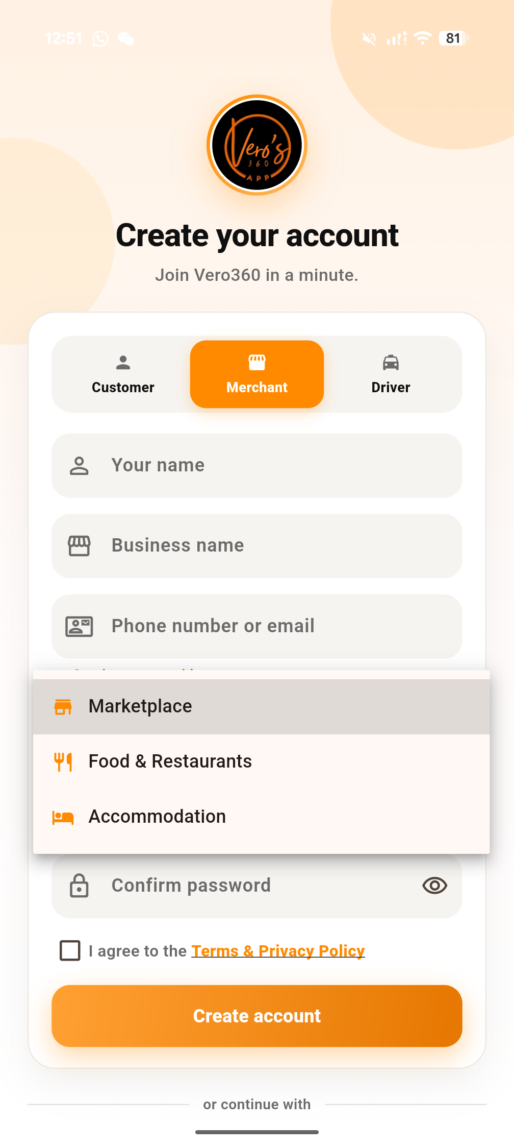 Vero360 app: Merchant with Marketplace selected under Select your services